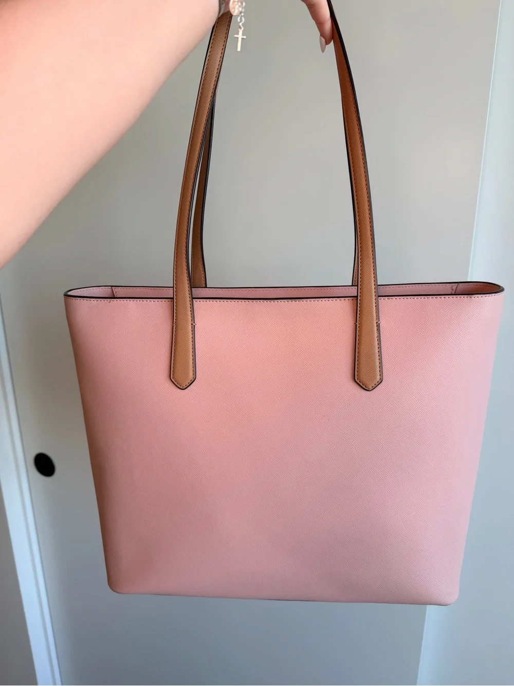kate spade Pink Tote with Tan Straps and White Pouch